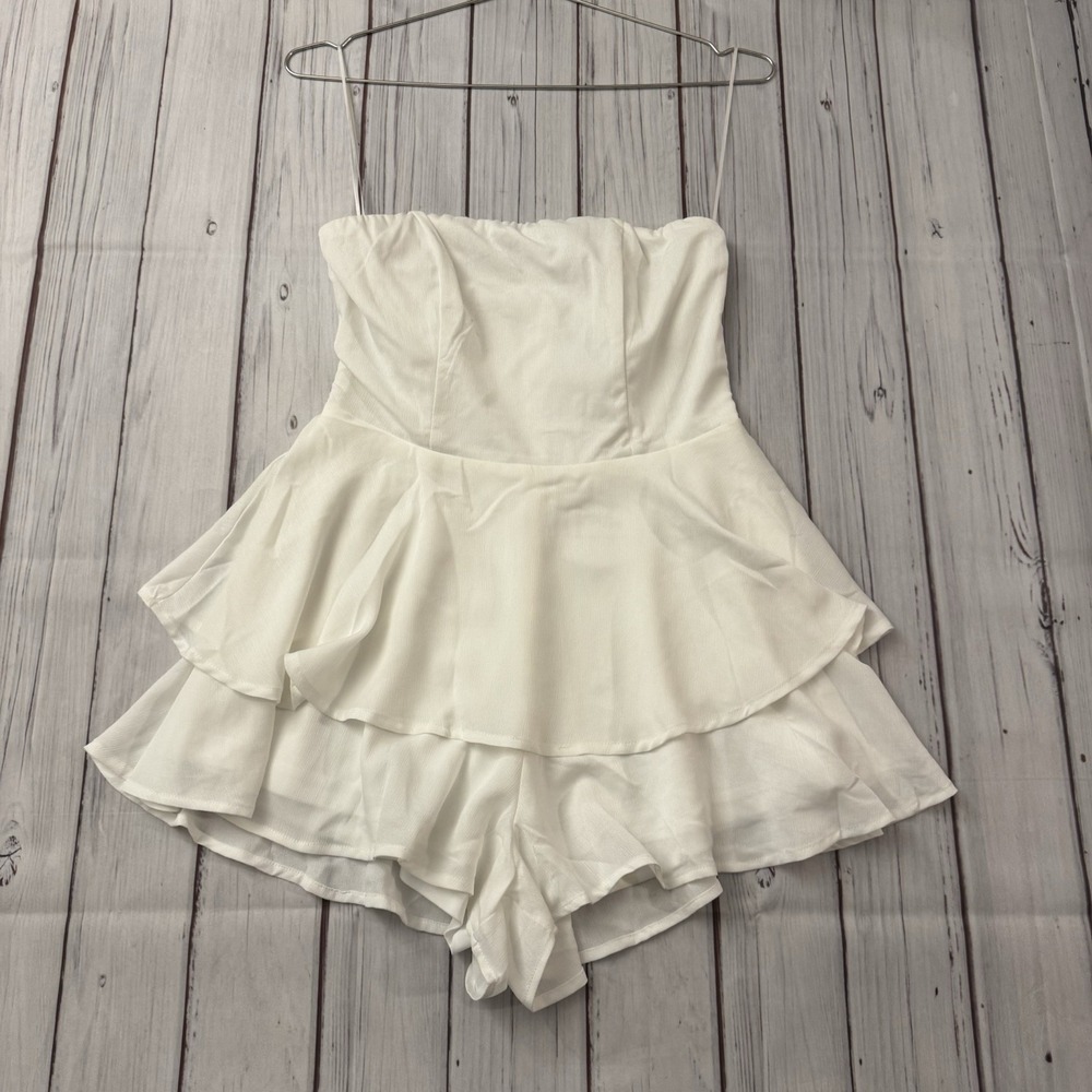 Princess Polly The Rolla Romper Women's Size 6 White Back Zip Cotton Ruffle